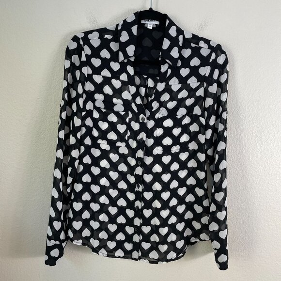 Express Portofino Shirt XS Black White Heart Print Roll Tab Sleeve Button Up Top - Picture 1 of 8